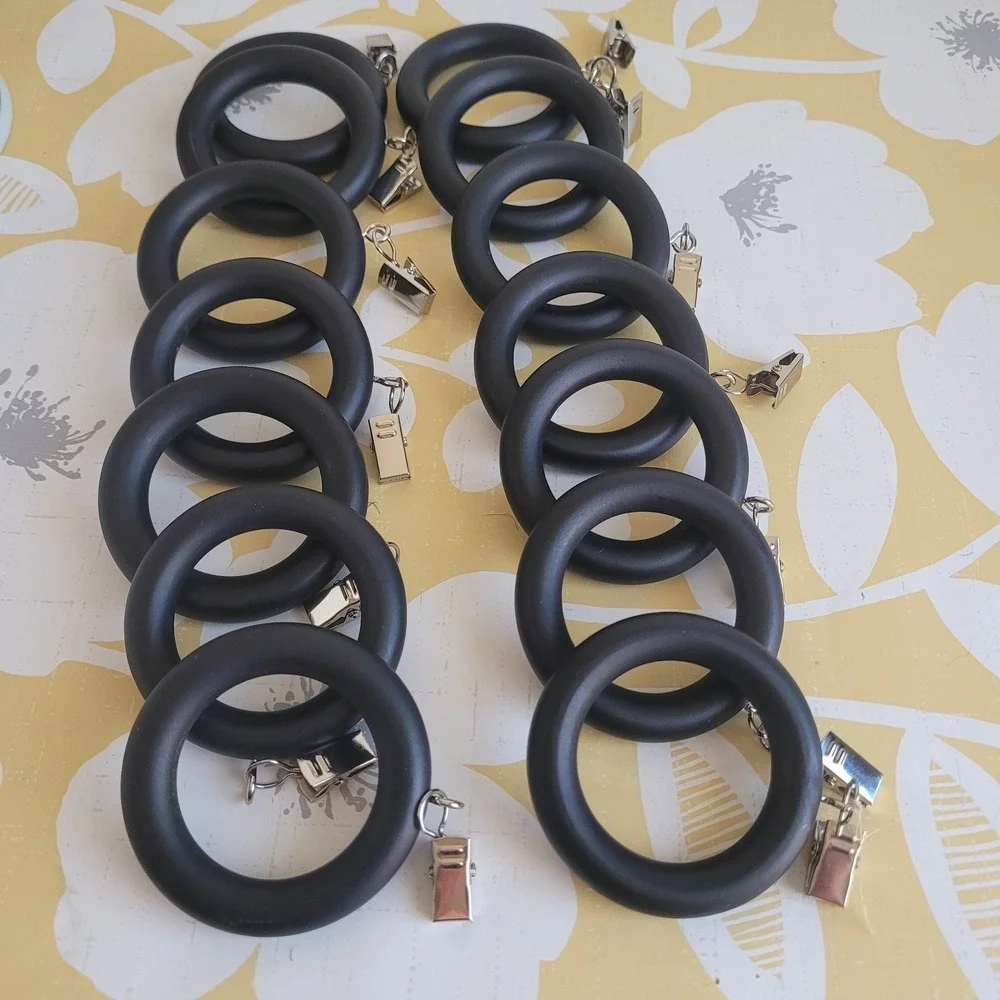 14 Black Faux Wood Drapery Ring Clips Hanging Fit 1 3/8